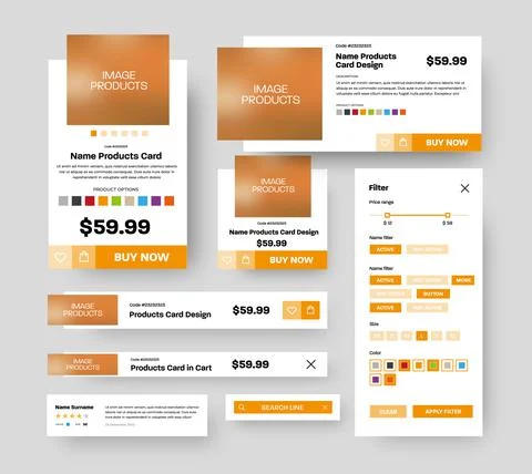 Set of vector product UI cards with square elements for photos and orange mob Stock Illustration