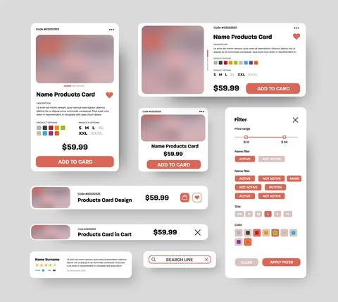 Set of vector product UI cards with rounded corners and red buttons for mobil Stock Illustration