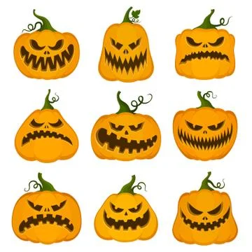 Set of vector pumpkins for Halloween. Cartoon style. Autumn holiday symbols. Stock Illustration