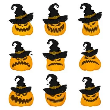 Set of vector pumpkins in Halloween hats with spiders. Cartoon style. Stock Illustration