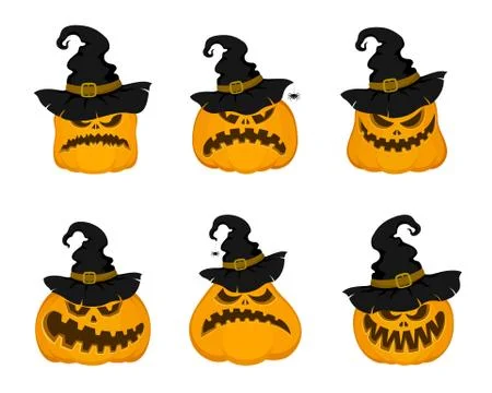 Set of vector pumpkins in Halloween hats with spiders. Cartoon style. Stock Illustration