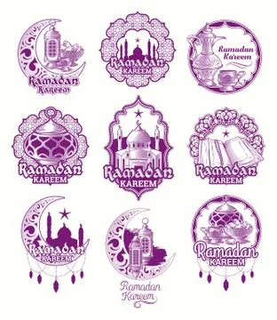 Set vector purple illustrations, sign for Ramadan Kareem with lantern, towers of Stock Illustration