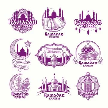 Set vector purple illustrations, sign for Ramadan Kareem with lantern, towers of イラスト素材
