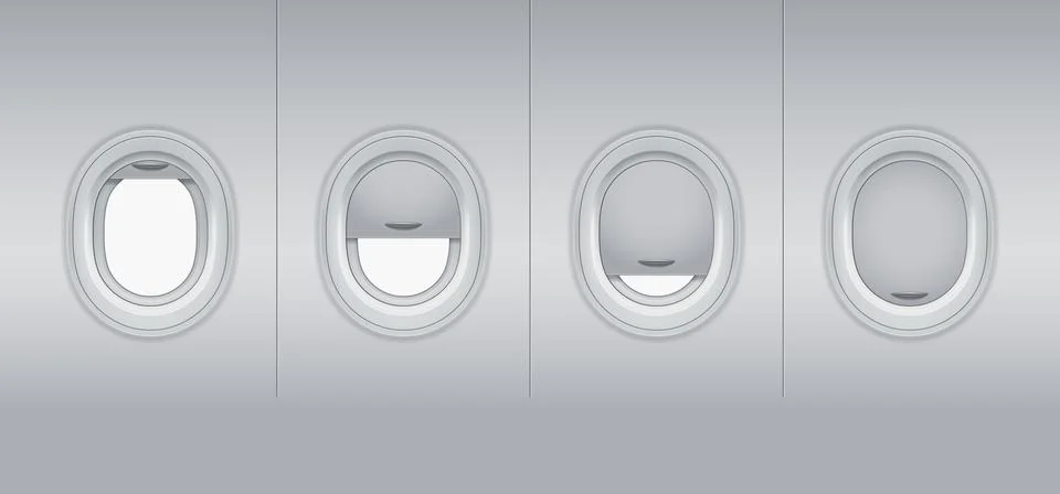 Set of vector realistic aircraft windows with curtains in different positions Stock Illustration