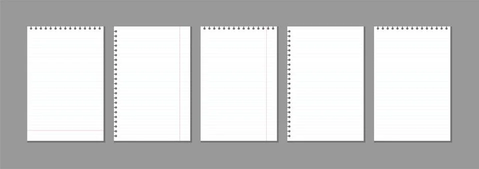 Set of vector realistic blank lined notebook sheets for notes. collection of  Stock Illustration