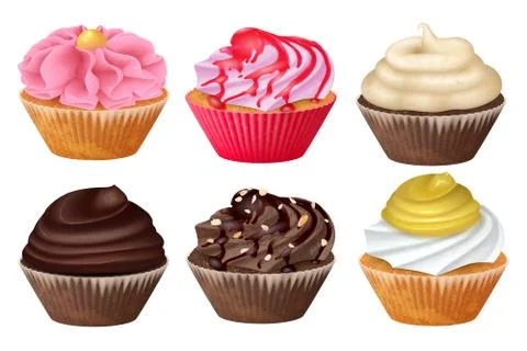 Set vector realistic cupcake, muffins with cream. 3d icon stock illustartion Stock Illustration
