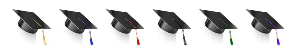 Set of vector realistic mortar hats. Graduation cap of a student with multi Stock Illustration