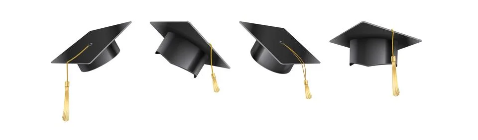 Set of vector realistic mortar hats. Graduation cap of a student with multi Illustrazione stock