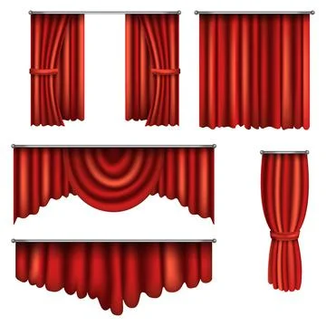 Set of vector realistic red decorative curtains. Luxurious curtains. Artistic Stockillustratie