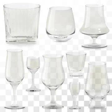 Set of vector realistic transparent whiskey glasses. Alcohol drink glass icons Stock Illustration
