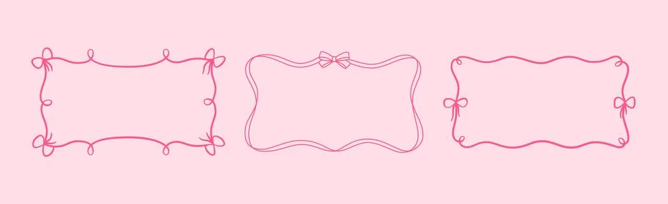 Set of vector, rectangular frames of wavy pink ribbons, with loops and bows. 스톡 일러스트