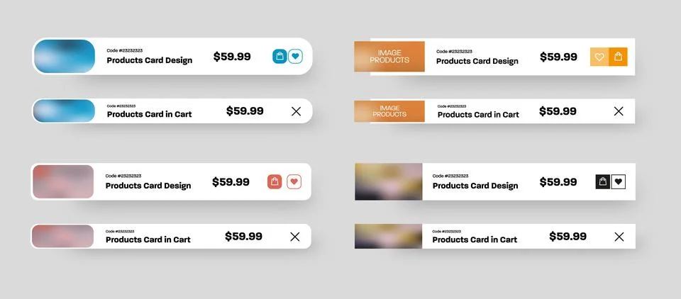 Set of vector rectangular product user interface cards, cart page with favori Stock Illustration