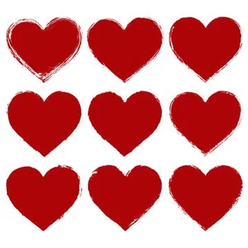 Set of vector red hearts in grunge style Stock Illustration