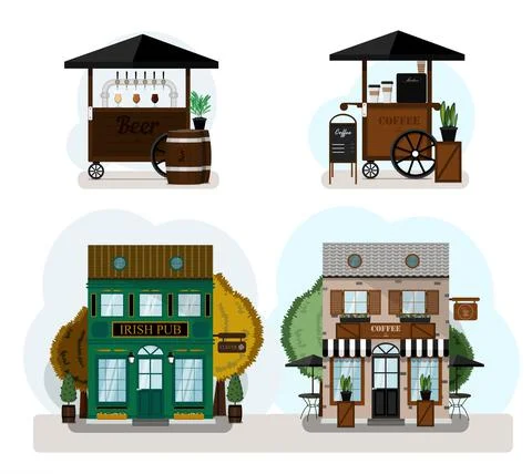 A set of vector restaurants, food carts and cafes. Irish pub exterior, coffee Stock Illustration