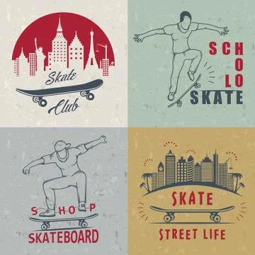 Set Vector Retro Skateboarding Logo and Badge Free Stock Illustration