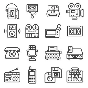 Set of Vector Retro Technology Outline Icons Stock Illustration