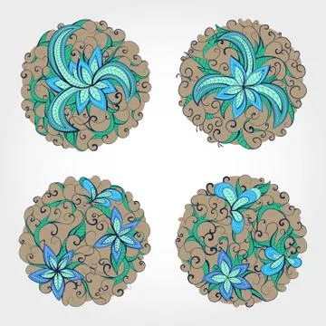 Set of vector round patterns with floral elements for your design. Illustrazione stock