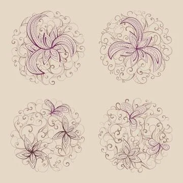 Set of vector round patterns with floral elements for your design. 库存插图