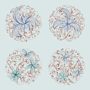 Set of vector round patterns with floral elements for your design. 스톡 일러스트