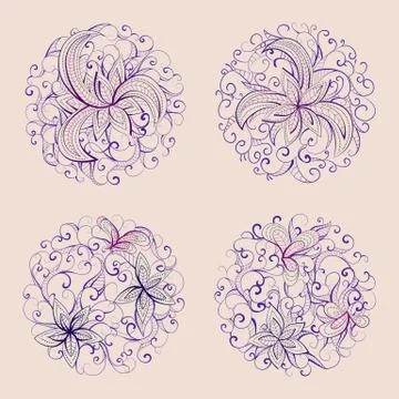 Set of vector round patterns with floral elements for your design. Illustrazione stock