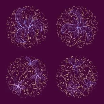 Set of vector round patterns with floral elements for your design. Illustrazione stock