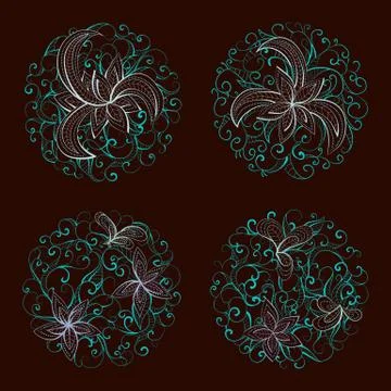 Set of vector round patterns with floral elements for your design. Illustrazione stock