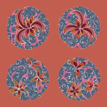 Set of vector round patterns with floral elements for your design. Stock Illustration