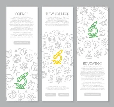Set of vector science and research vertical banners with icon pattern. Vector Illustrazione stock