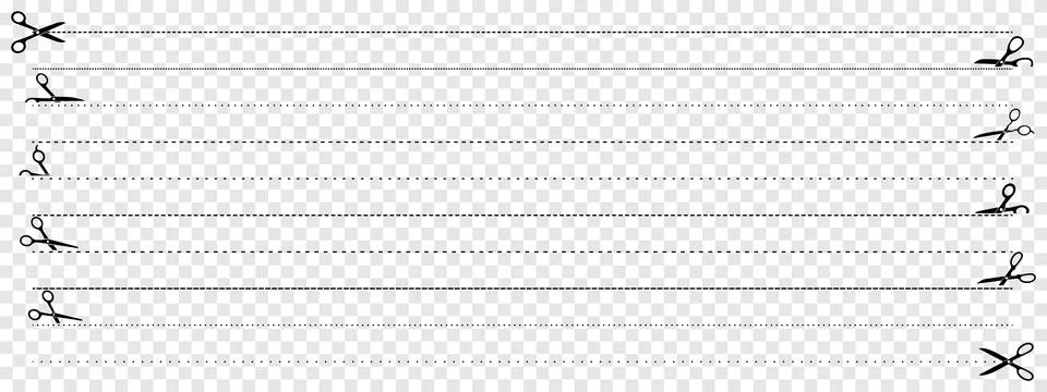 Set of vector scissors cutting dotted lines on transparent background. Cut .. Stock Illustration