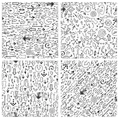 Set of vector seamless arrow patterns in doodle style - hand drawn design Stockillustratie