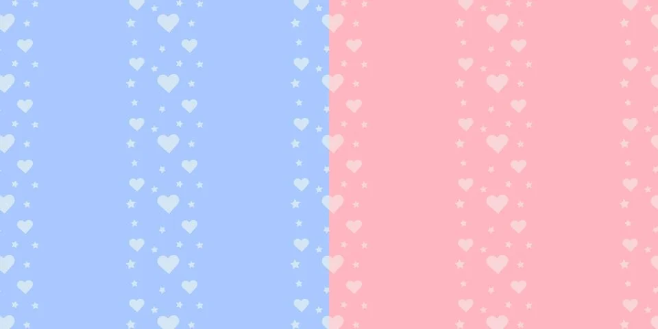 Set of vector seamless border pattern with stars and hearts on blue and pink  스톡 일러스트