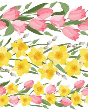 A set of vector seamless borders made of daffodils and tulips. Spring. Easter Illustrazione stock