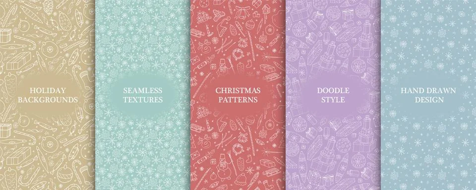 Set of vector seamless christmas patterns - hand drawn design. Stylish colorful Illustrazione stock