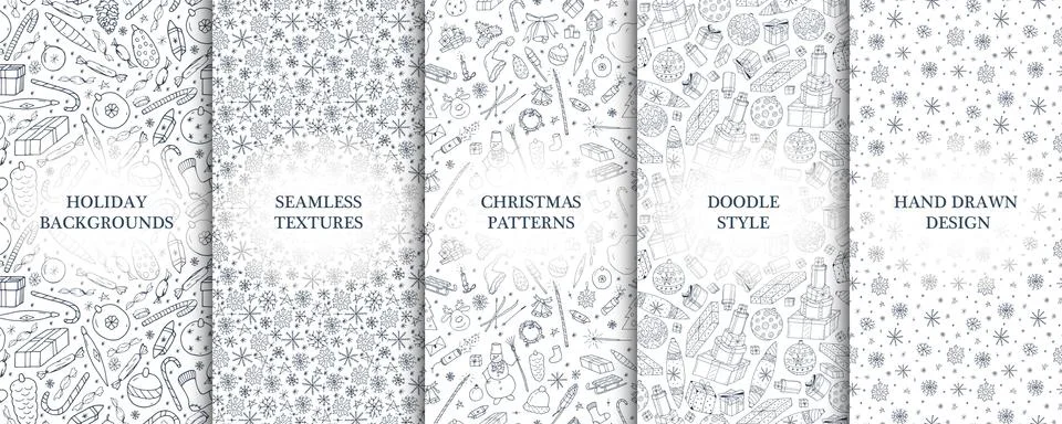 Set of vector seamless christmas patterns - hand drawn design. Stylish drawing Иллюстрация