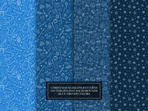 Set of vector seamless christmas patterns - hand drawn design. Stylish drawing Stock Illustration