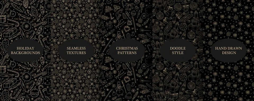 Set of vector seamless christmas patterns - hand drawn design. Stylish black Illustrazione stock