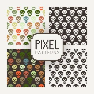 Set of vector seamless colorful and monochrome patterns of pixel skulls. 스톡 일러스트