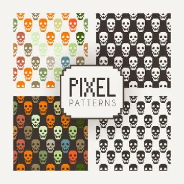 Set of vector seamless colorful and monochrome patterns of pixel skulls. Stock Illustration
