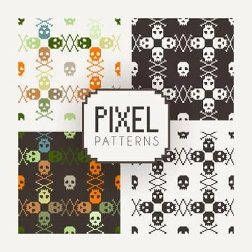 Set of vector seamless colorful and monochrome patterns of pixel skulls. Stock Illustration