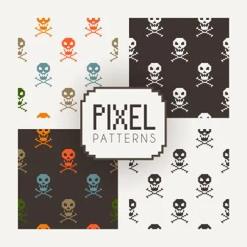 Set of vector seamless colorful and monochrome patterns of pixel skulls Stock Illustration