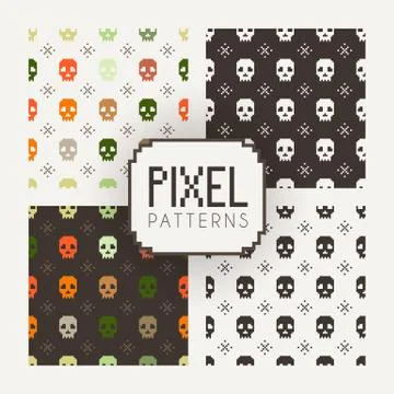 Set of vector seamless colorful and monochrome patterns of pixel skulls 스톡 일러스트