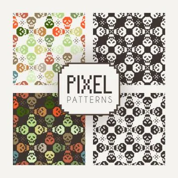 Set of vector seamless colorful and monochrome patterns of pixel skulls 스톡 일러스트