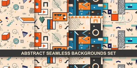 Set of vector seamless colorful geometric patterns with creative shapes 스톡 일러스트