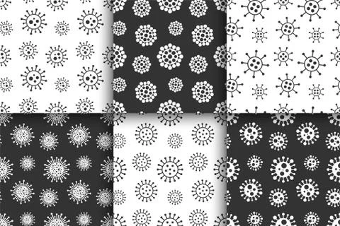 Set of vector seamless creative virus patterns. Black and white endless design Illustrazione stock
