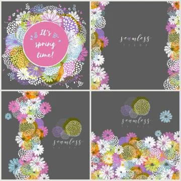 Set of vector seamless frame with doodle flowers. Stock Illustration