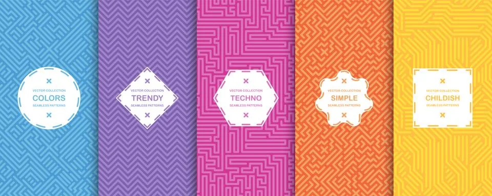 Set of vector seamless geometric patterns - tech design. Vibrant digital Stock Illustration