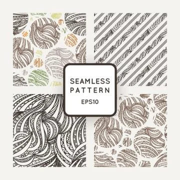 Set of vector seamless hand-drawn patterns of contour colored leaves in circl Stock Illustration