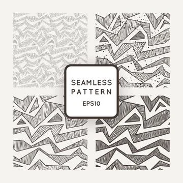 Set of vector seamless monochromatic patterns with striped broken lines Stock Illustration