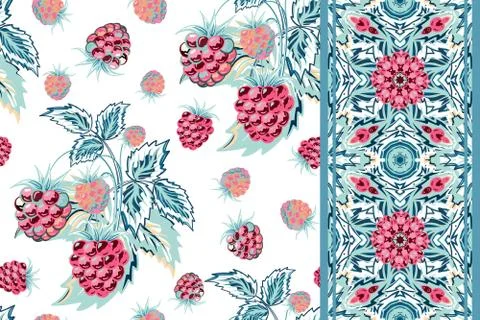 Set of vector seamless pattern with blue pink raspberries and border (ribbon Illustrazione stock