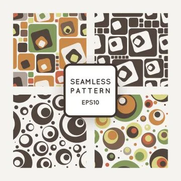 Set of vector seamless pattern of colored circles and squares in retrostile Stock Illustration